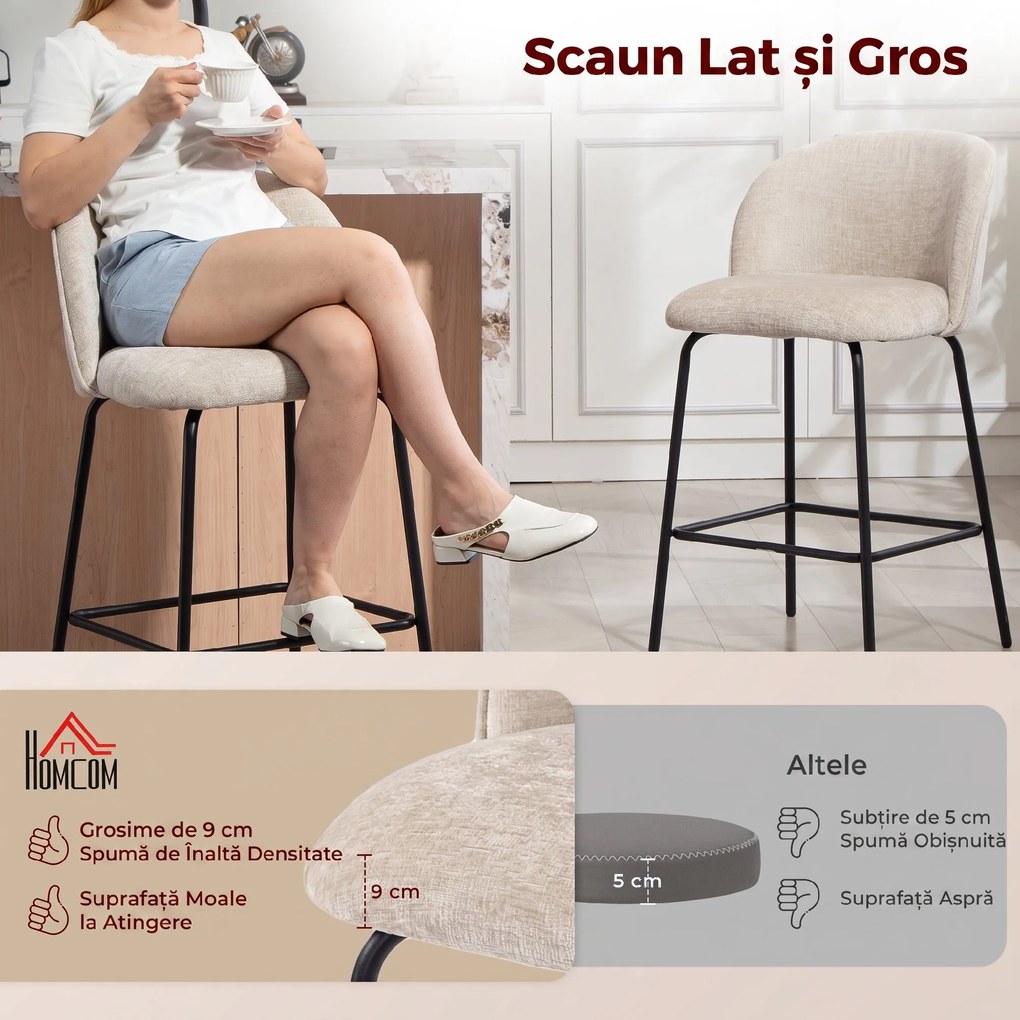 HOMCOM Set 2 Scaune de Bar din Chenille, 68 cm, cu Spătar și Suport pentru Picioare, Cadru din Oțel, Bej | Aosom Romania