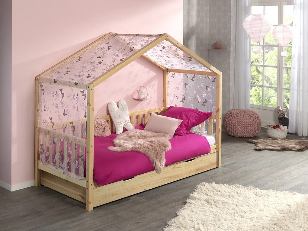 Set DALLAS culoare lemn natural este compusă dintr-un Pat copii cu gard (90 x 200 cm), un sertar și un set textil.