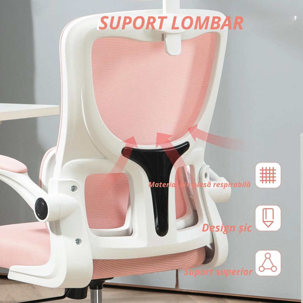 Vinsetto Scaun de Birou Ergonomic cu Tetieră Detașabilă Roz | Aosom Romania