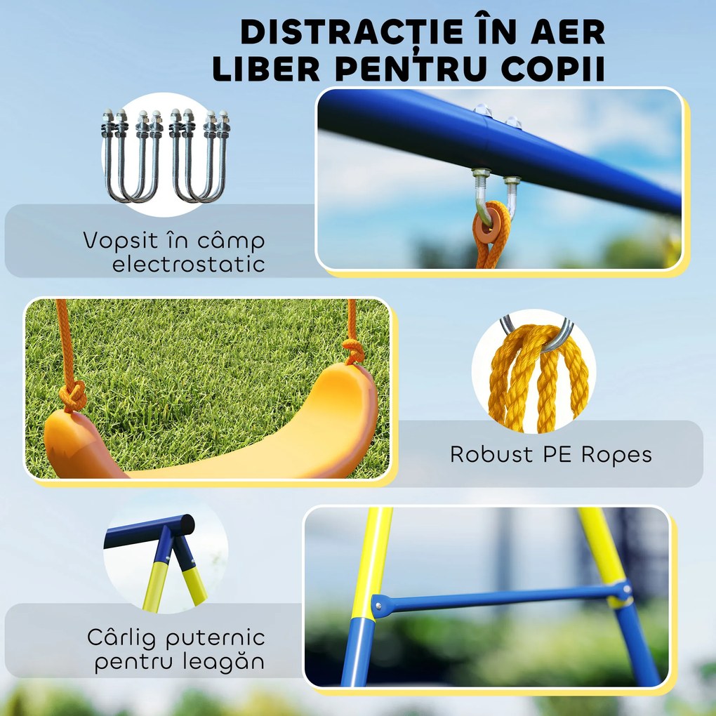 AIYAPLAY Set Leagăn de Grădină 3 în 1 pentru Copii cu Leagăn în Picioare, Inele Gimnastice, Cadru A din Oțel, Leagăne Duble pentru Copii, Capacitate 150kg, Exterior, 3-8 Ani, 285x160x181 cm | Aosom Romania