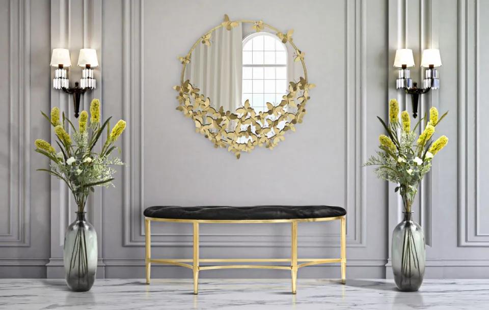 Oglinda decorativa aurie cu rama din metal, ∅ 91 cm, Glam Butterflies Mauro Ferretti