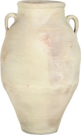Vas decorativ amforă din teracotă artizanală, finisaj craft alb-crem, cu 2 anse, 55×55×96 cm, „Jerba"