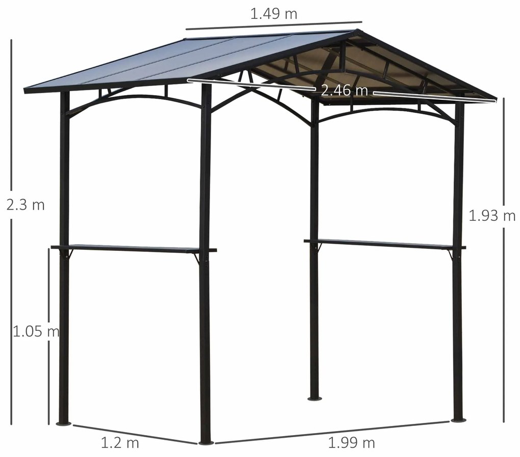 Outsunny Foișor de Grădină cu Acoperiș din PC și Rafturi Laterale, Structură din Aluminiu și Metal, 246x149x230 cm, Negru | Aosom Romania