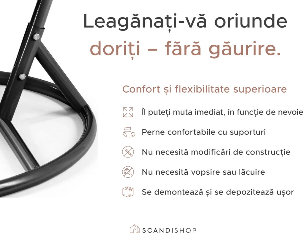Scaun suspendat negru KOKON cu suport, perna alb-gri