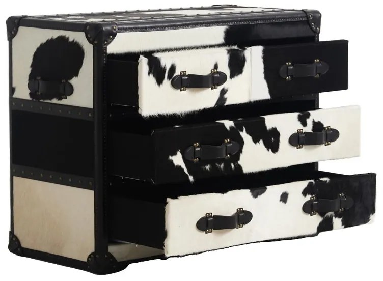 Comoda alb-negru, din piele naturala de vaca si lemn de stejar, cu 4 sertare, Cow