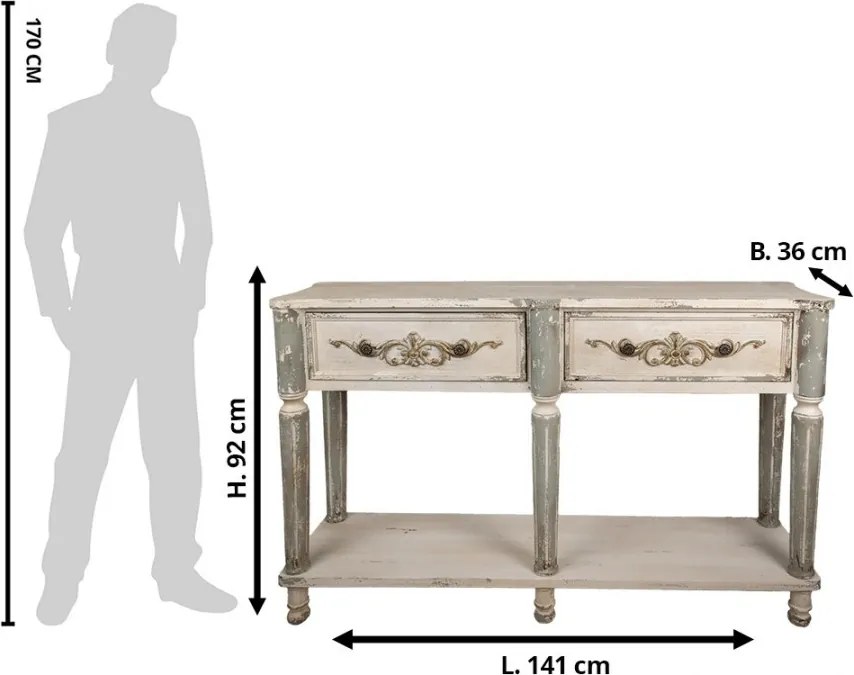 Consolă hol shabby chic din lemn, alb, cu 2 sertare, raft, picioare gri canelate și ornamente sculptate, 92 x 141 x 36 cm, „Marguerite”