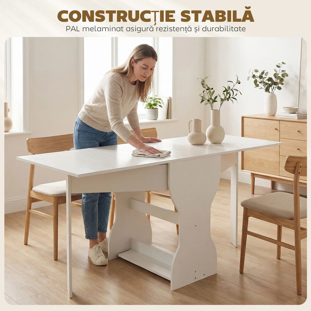 HOMCOM Masă de Bucătărie Pliabilă pentru 4 Persoane cu Raft, din Lemn, 160x60x75 cm, Alb | Aosom Romania