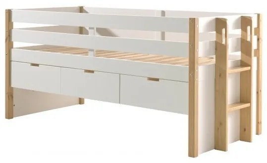 Pat pentru copii MARGRIT, 90 x 200 cm, alb cu tonuri naturale, cu 3 sertare pentru depozitare – Vipack
