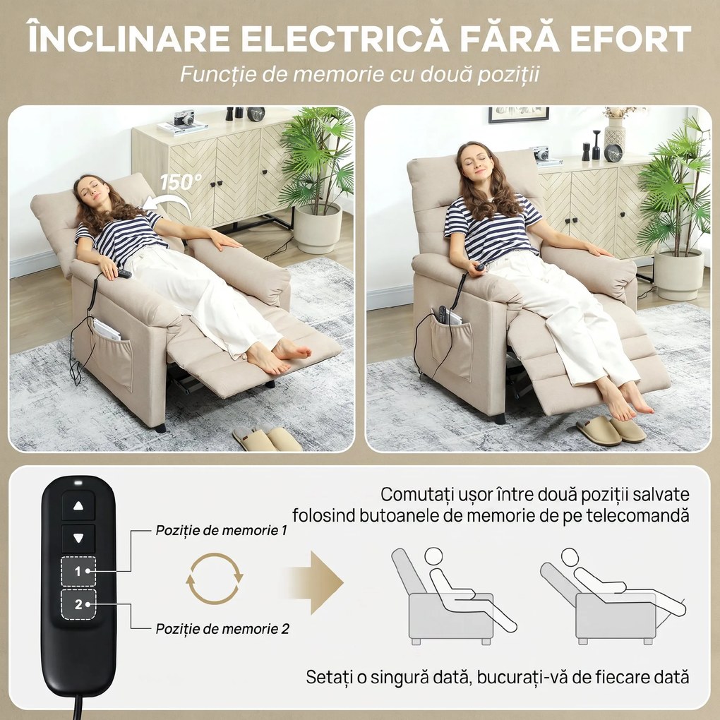 HOMCOM Fotoliu Relaxant Electric cu Masaj și Încălzire, cu Suport pentru Picioare, Silențios, Reclinabil 150° în Material Catifelat Prietenos cu Animalele, cu Funcție de Memorare, 2 Telecomenzi pentru Sufragerie, Bej | Aosom Romania
