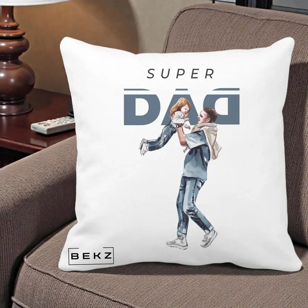 Cadou pentru Tata - Perna Personalizata Super DAD Tata si Fiica, 40x40 cm, Alba Mata, Husa Detasabila, Perna Inclusa, BEKZ®
