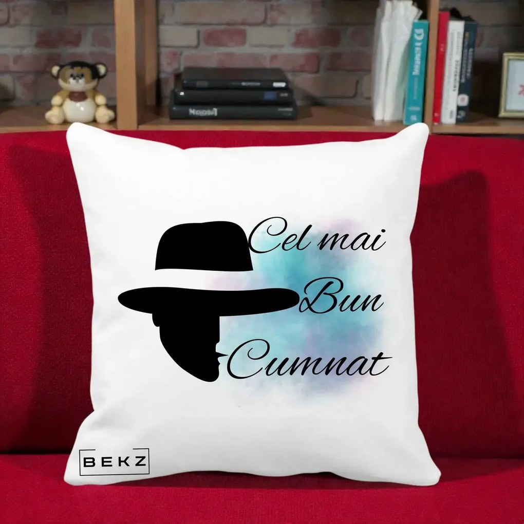 Cadou pentru Cumnat - Perna Personalizata Cel mai Bun Cumnat cu Silueta Palarie si Pete Teal-Roz, 40x40 cm, Alba Mata, Husa Detasabila, Perna Inclusa, BEKZ®
