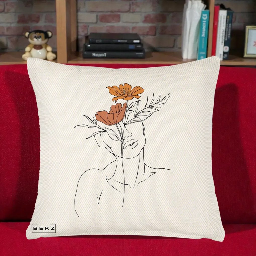 Perna Decorativa Portret Feminin Doua Flori, 40x40 cm, Crem Reliefat, Husa Detasabila, Perna Inclusa, BEKZ®