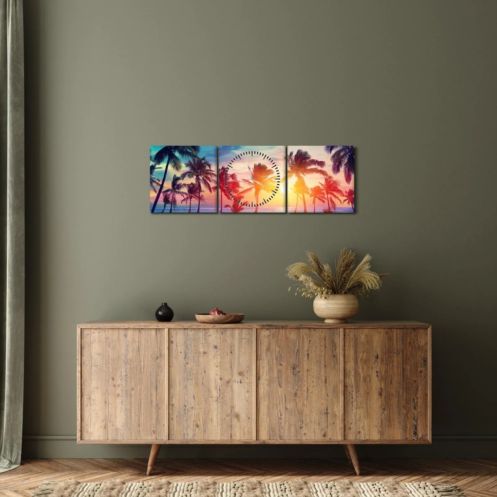 Tablou - Apus de soare tropical (cu ceas) (90x30 cm)