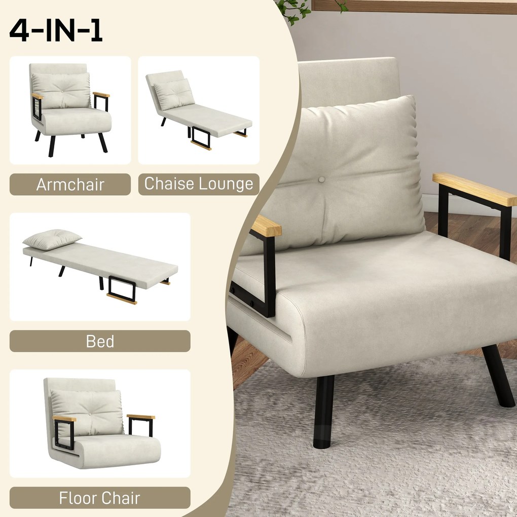 HOMCOM Canapele Extensibile Individuală Alb Crem 63x73x81 cm cu Pernă Extensibilă pe 5 Nivele | Aosom Romania