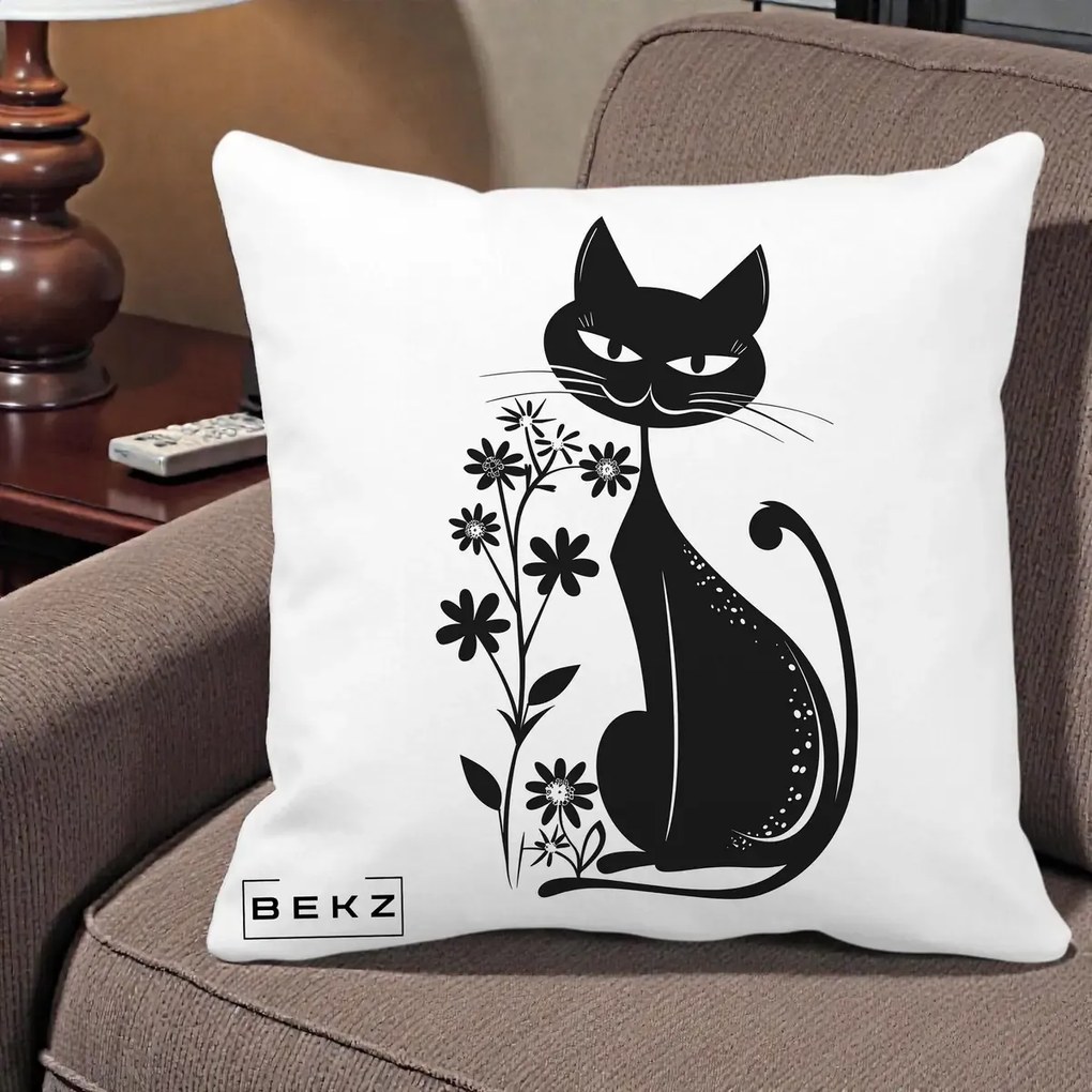 Perna Decorativa Pisica Neagra Grafica Minimalista, 40x40 cm, Alba Mata, Husa Detasabila, Perna Inclusa, BEKZ®