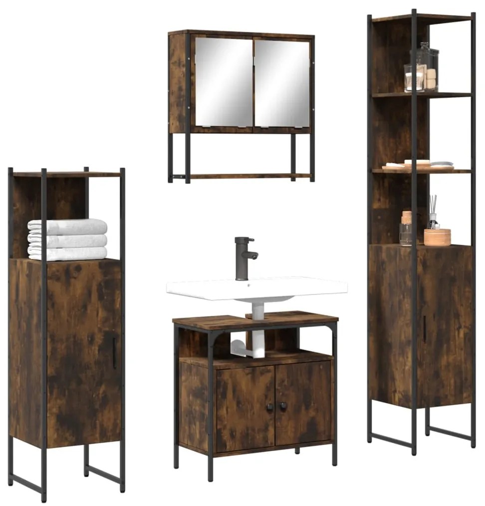 vidaXL Set mobilier de baie, 4 piese, stejar fumuriu, lemn prelucrat