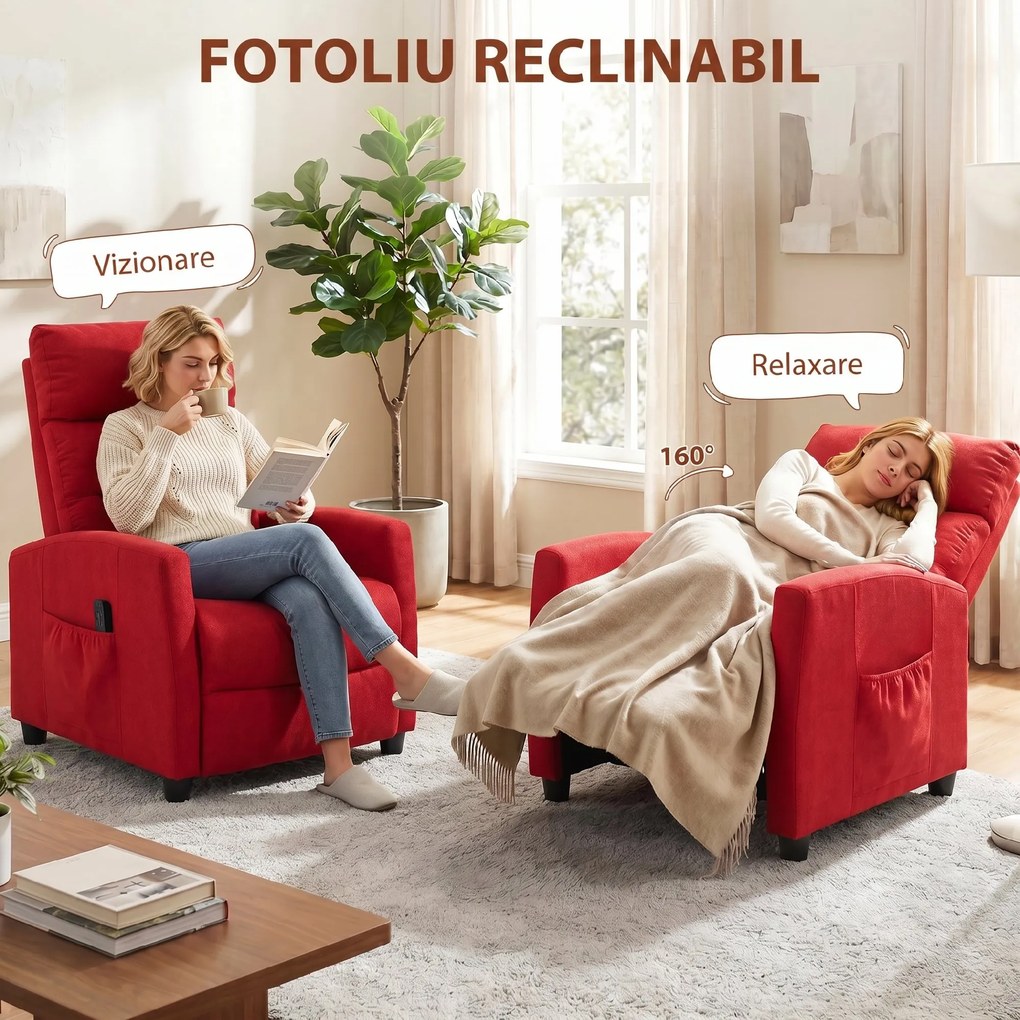 HOMCOM Fotoliu Masaj Reclinabil Manual 160° din Chenille cu Suport Picioare, Telecomandă, Buzunare, Roșu Vin | Aosom Romania