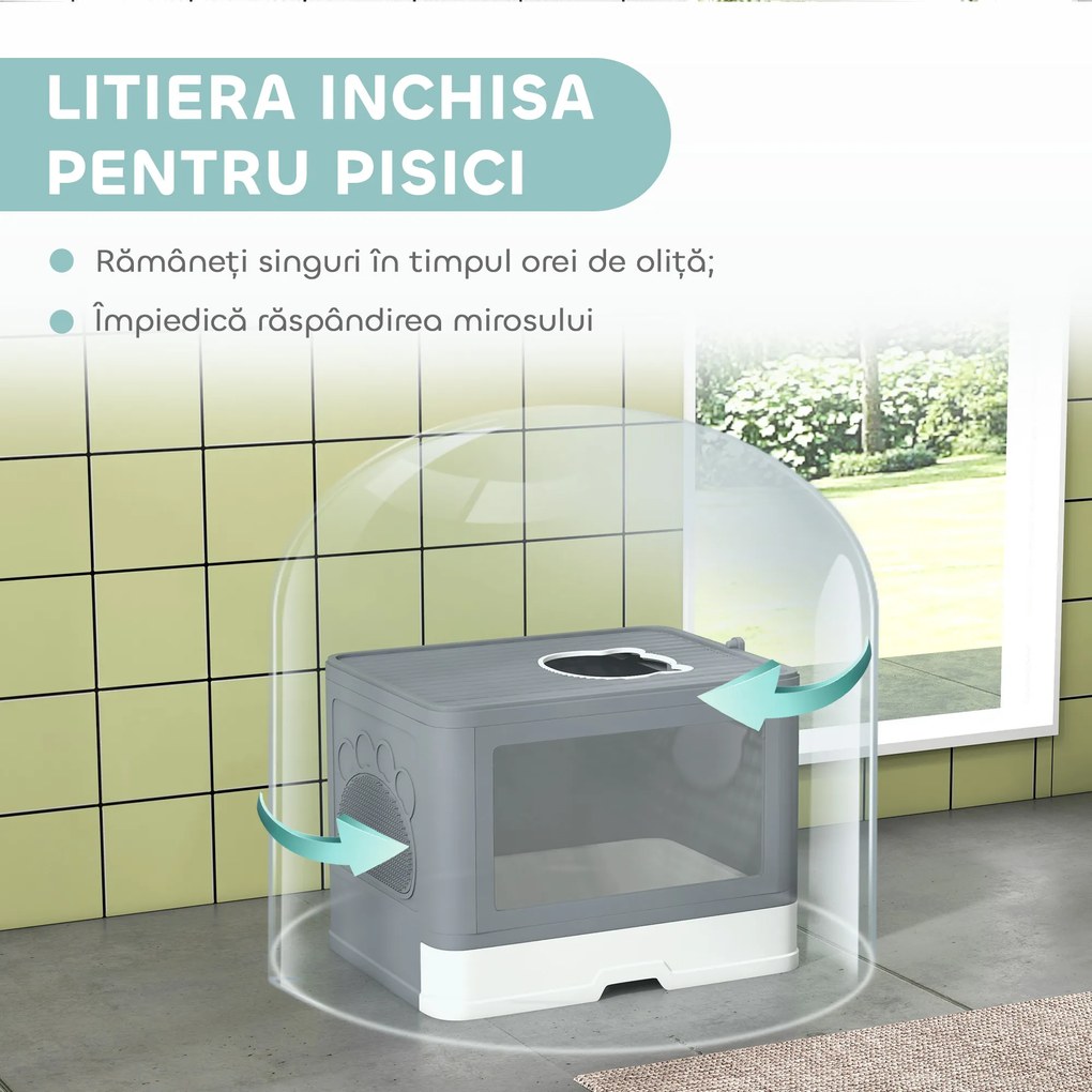 PawHut Litieră pentru Pisici cu Capac Intrare Dublă, Sertar, Lopată Gri | Aosom Romania