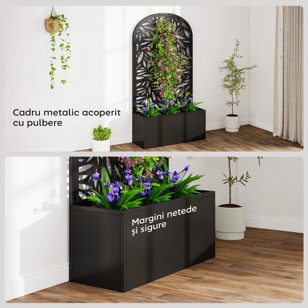 Outsunny Jardiniere Ridicată pentru Grădină și Balcon cu Spalier Arcuit Decorat cu Frunze, pentru Flori și Legume, Montare pe Perete sau Utilizare Independentă, Negru | Aosom Romania