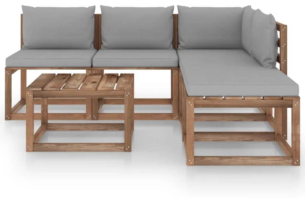 Set mobilier gradina paleti cu perne, 6 piese, lemn pin tratat Gri, colt + 3x mijloc + 2x masa, 1