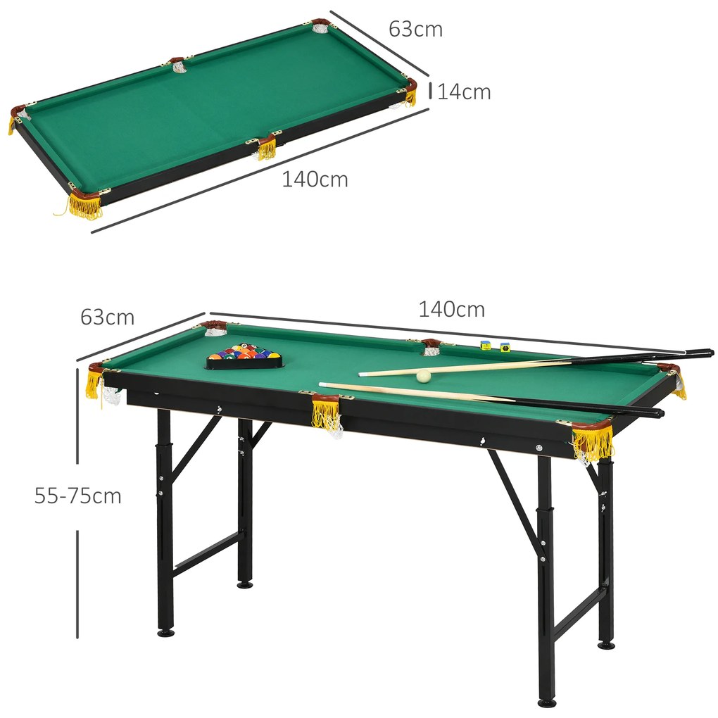 SPORTNOW Masă de Biliard Reglabilă pe Înălțime cu Accesorii, Masă din MDF și Oțel Carom, 140x60x55-75 cm, Verde | Aosom Romania