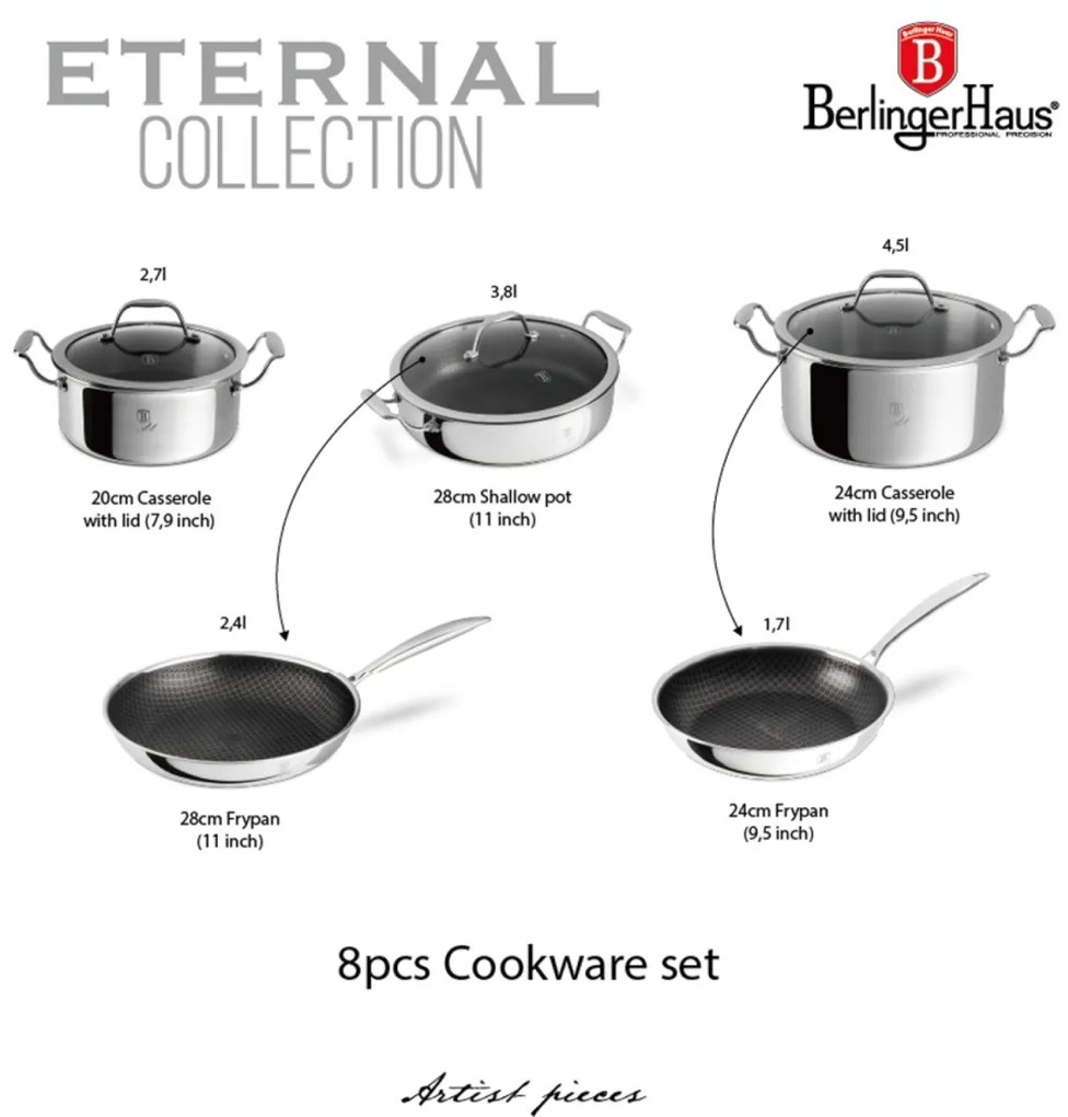 Set oale si tigai inox cu capace 8 piese Eternal Berlinger Haus BH8518, compatibile inductie si cuptor