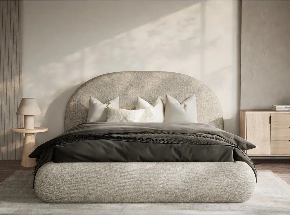 Pat matrimonial bej tapițat cu spațiu de depozitare cu somieră 160x200 cm Maumere – Maison de Rêve