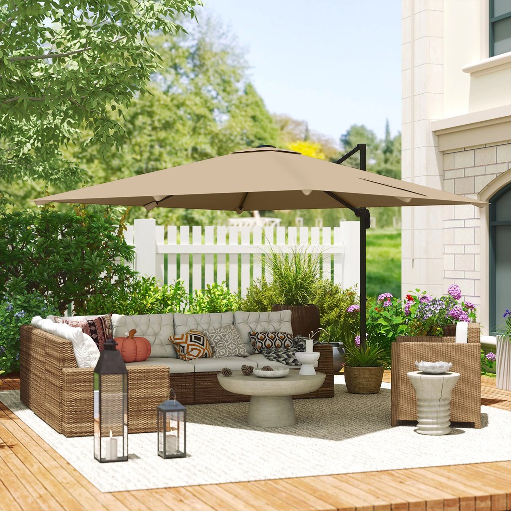 Outsunny Umbrelă cu stâlp lateral pătrată 3 x 3 m, umbrelă de grădină pentru exterior, rotire 360°, înclinabilă 5 poziții, bază în cruce, kaki | Aosom Romania