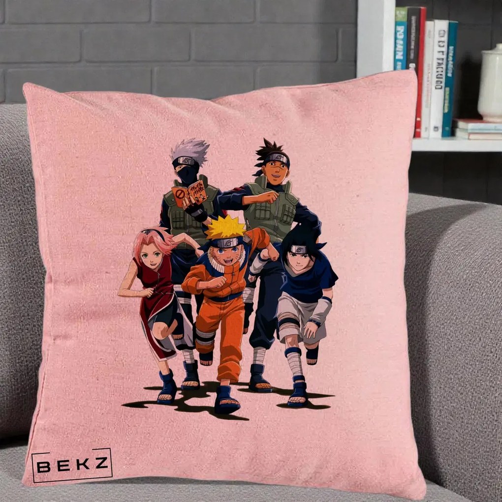Perna Personalizata Naruto Echipa 7 Kakashi Sensei, 40x40 cm, Roz, Husa Detasabila, Perna Inclusa, BEKZ®