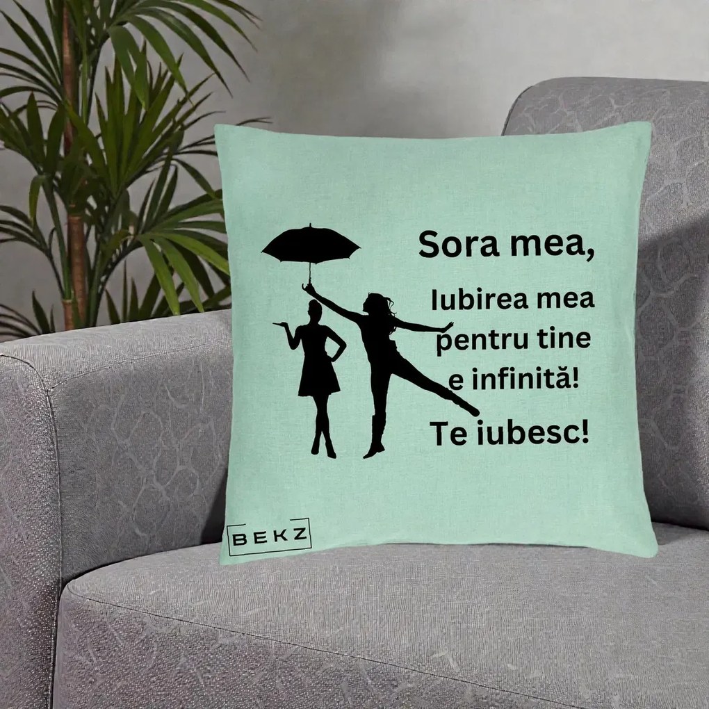 Cadou pentru Sora - Perna Personalizata Sora Mea Te Iubesc Siluete Negre cu Umbrela, 40x40 cm, Verde Menta, Husa Detasabila, Perna Inclusa, BEKZ®
