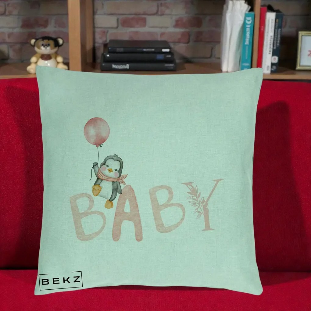 Perna Personalizata Baby Pinguin Roz, 40x40 cm, Verde Menta, Husa Detasabila, Perna Inclusa, BEKZ®