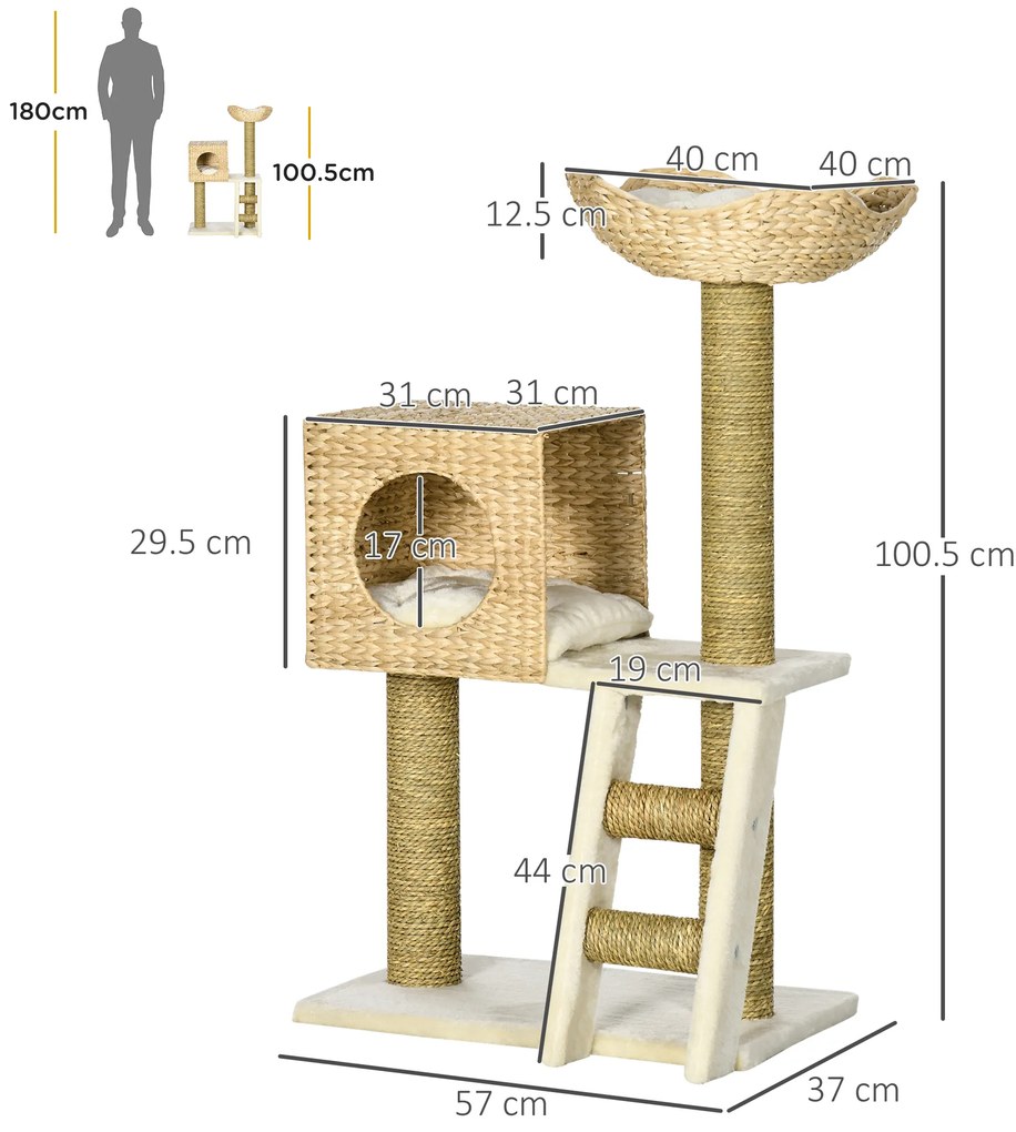 PawHut Arbore pentru pisici copac de cățărat zgârda pentru pisici înălțime 100,5 cm cu perne și scară centru de activități stâlpi din sisal | Aosom Romania