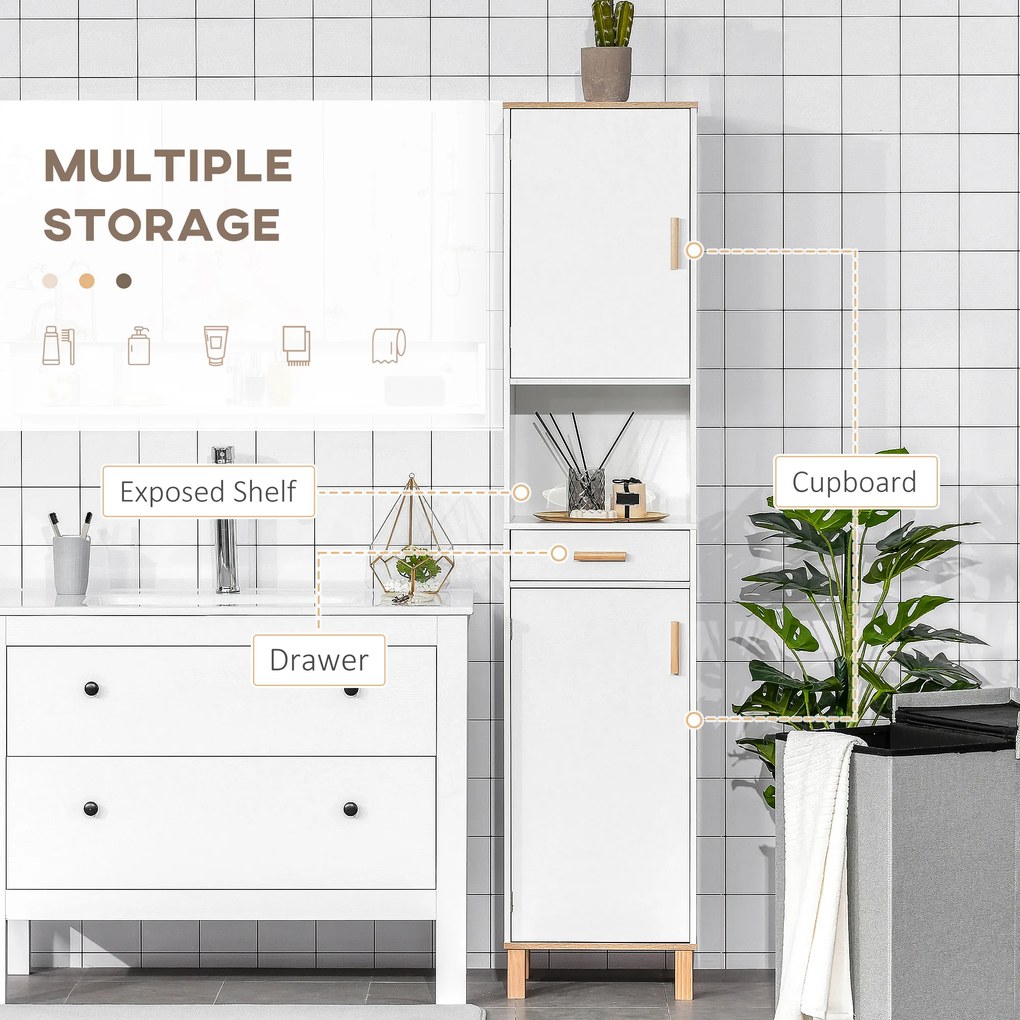 kleankin Dulap Coloana Space Saver din Lemn pentru Baie Alb | Aosom Romania
