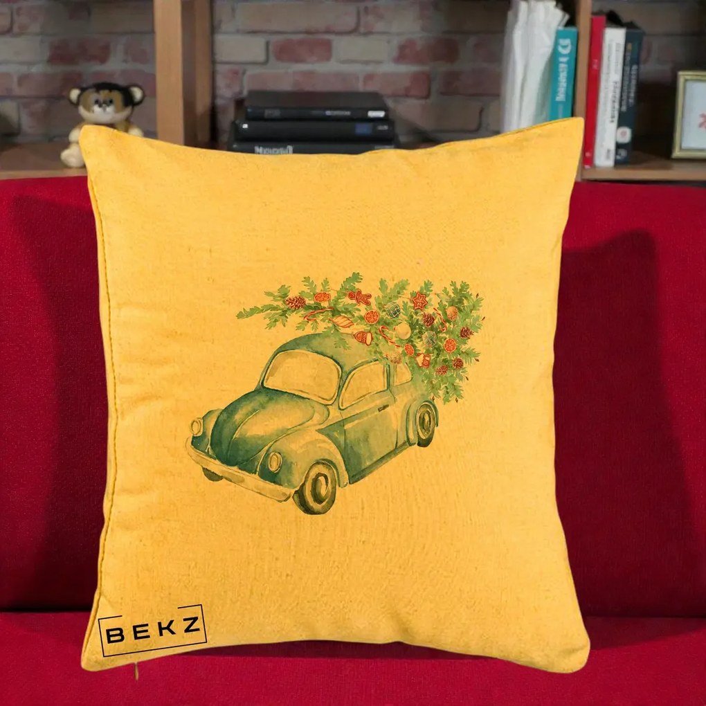 Perna Decorativa Masinuta Albastra cu Brad de Craciun, 40x40 cm, Galben, Husa Detasabila, Perna Inclusa, BEKZ®