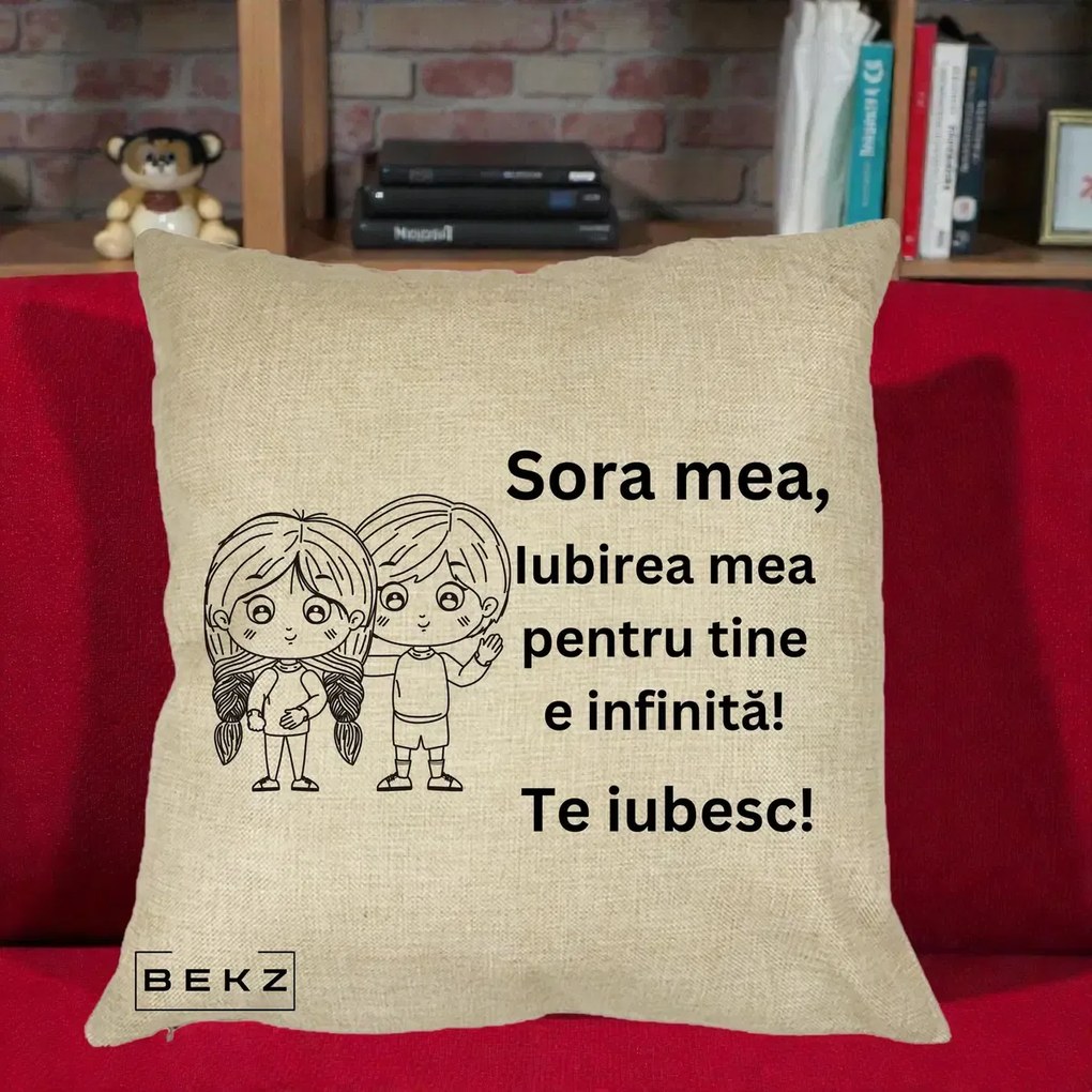 Cadou pentru Sora - Perna Personalizata Sora Mea Te Iubesc Copii Anime Line Art, 40x40 cm, Crem, Husa Detasabila, Perna Inclusa, BEKZ®