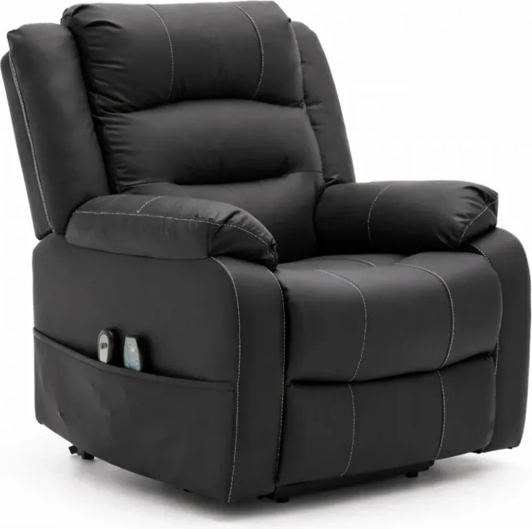RESIGILAT- Fotoliu Electric Power Lift&Recliner, ridicare și rabatare, masaj și incalzire, buzunar lateral, telecomenzi, PU, Negru