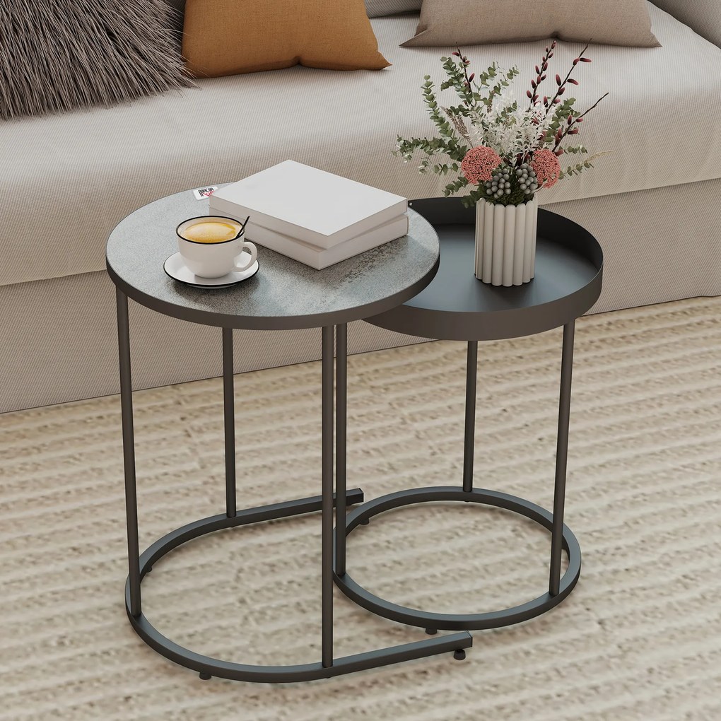 HOMCOM Set de 2 Măsuțe de Cafea în Stil Industrial, din Lemn și Metal, Ø42x54 cm și Ø36.5x48.5 cm, Gri și Negru | Aosom Romania
