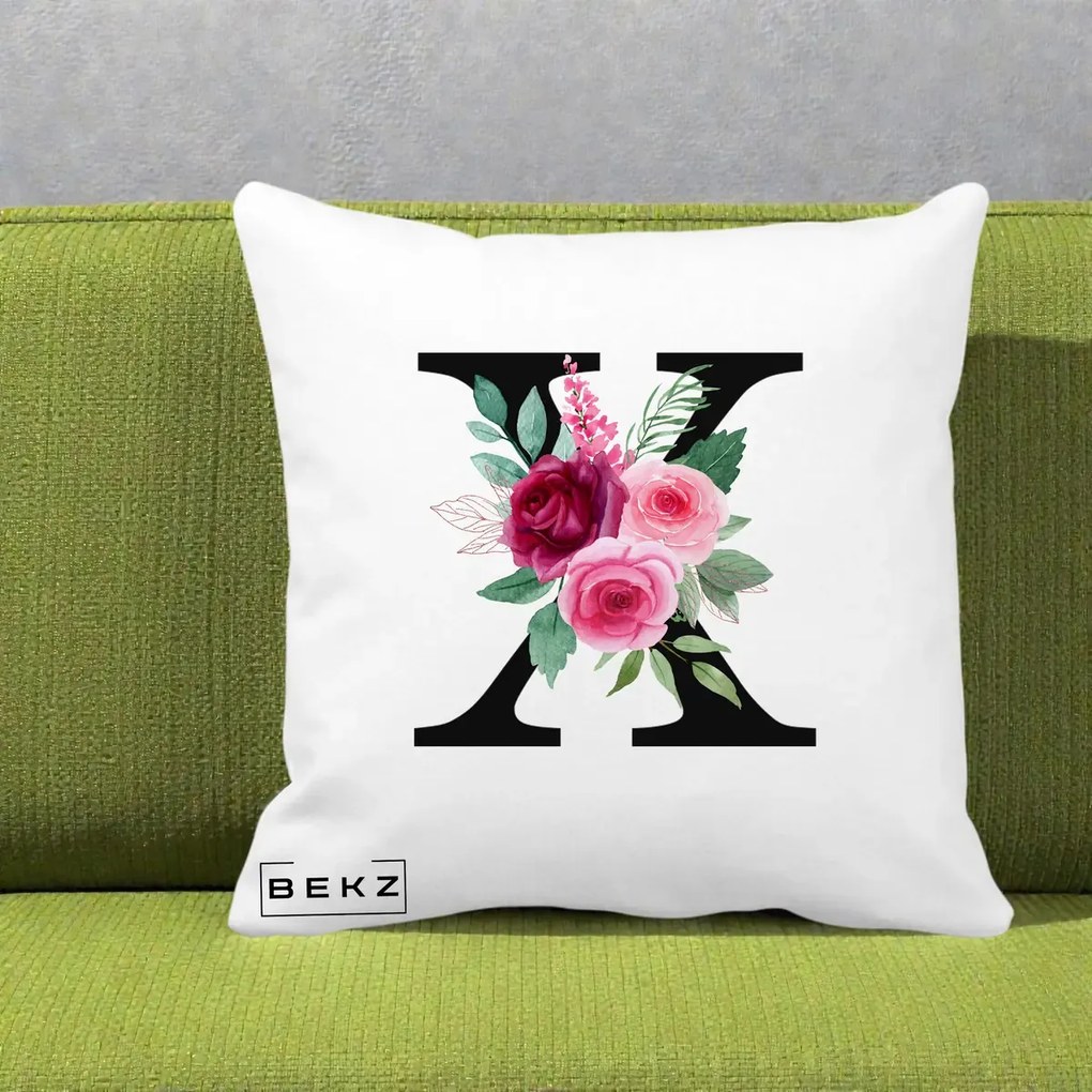 Cadou Personalizat - Perna Personalizata Monograma Florala Litera X cu Buchet, 40x40 cm, Alba Mata, Husa Detasabila, Perna Inclusa, BEKZ®