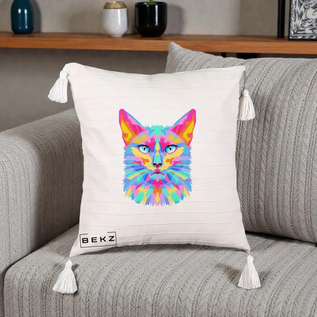 Perna decorativa Pisica Pop Art Multicolor, 45x45 cm cu Umplutura, Bej cu Franjuri, BEKZ