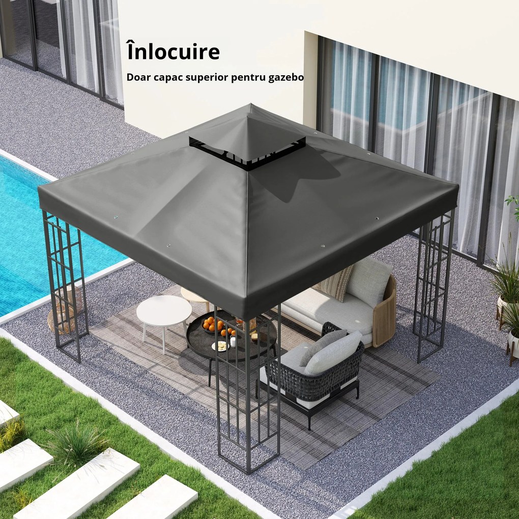 Outsunny Husă de schimb pentru pavilion 3 x 3 m, prelată de schimb pentru pavilion cu orificii de scurgere a apei, UPF30+, protecție solară, gri închis | Aosom Romania