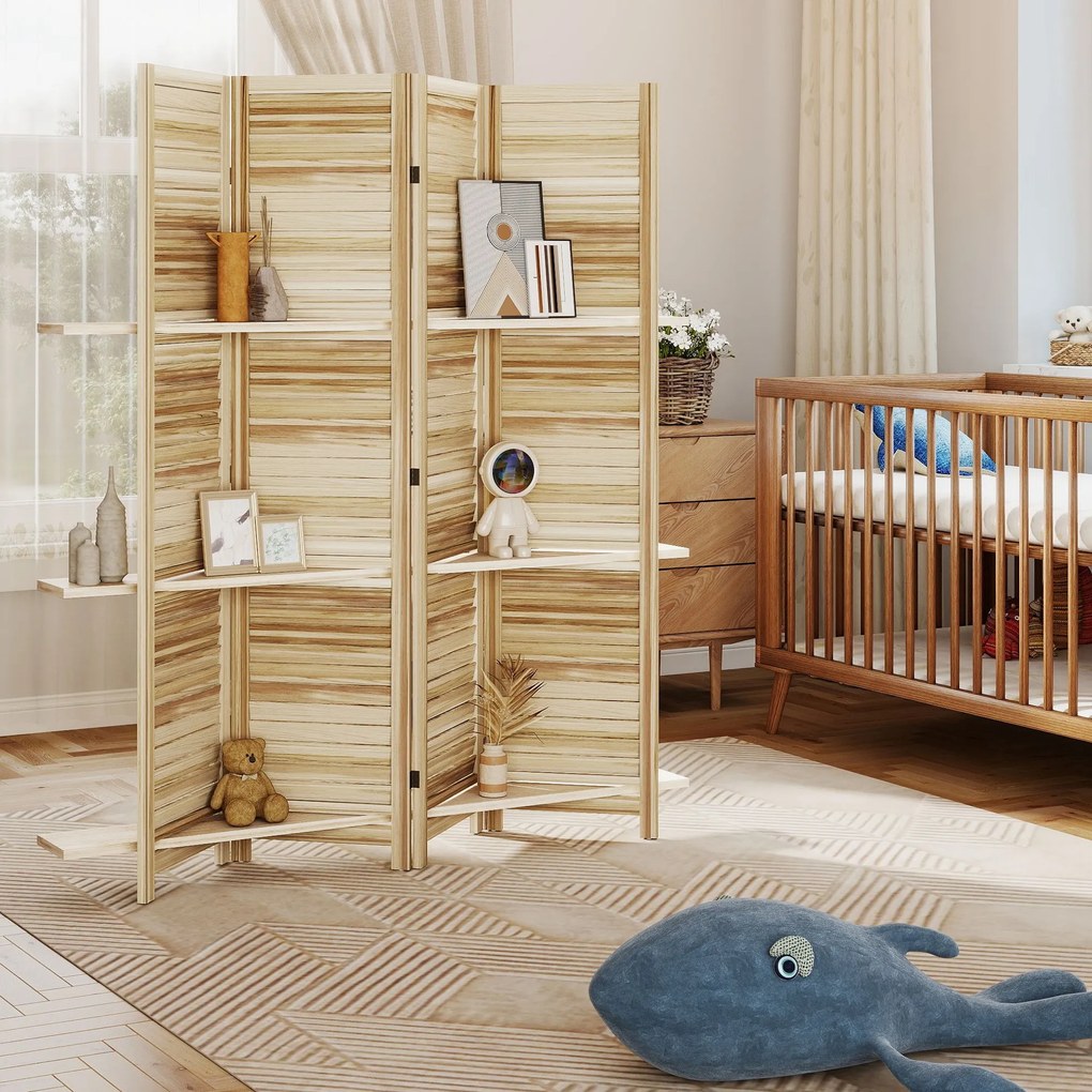 HOMCOM Paravan interior din lemn 4 panouri 160 x 170 cm, separator de cameră pliabil cu 3 rafturi, lemn natural | Aosom Romania