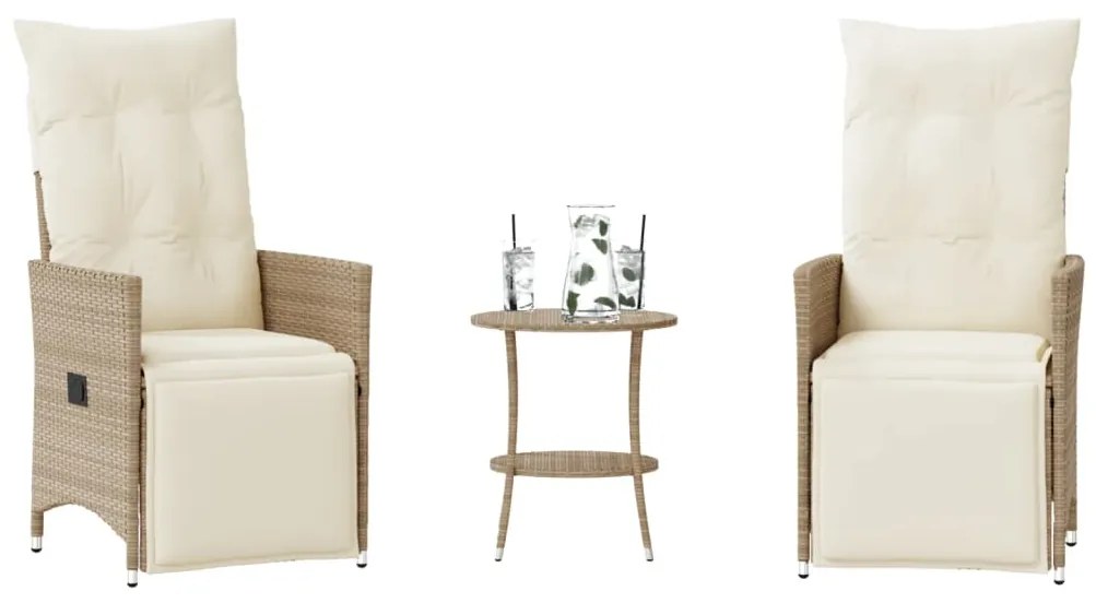 vidaXL Set bistro cu perne, 3 piese, bej, poliratan