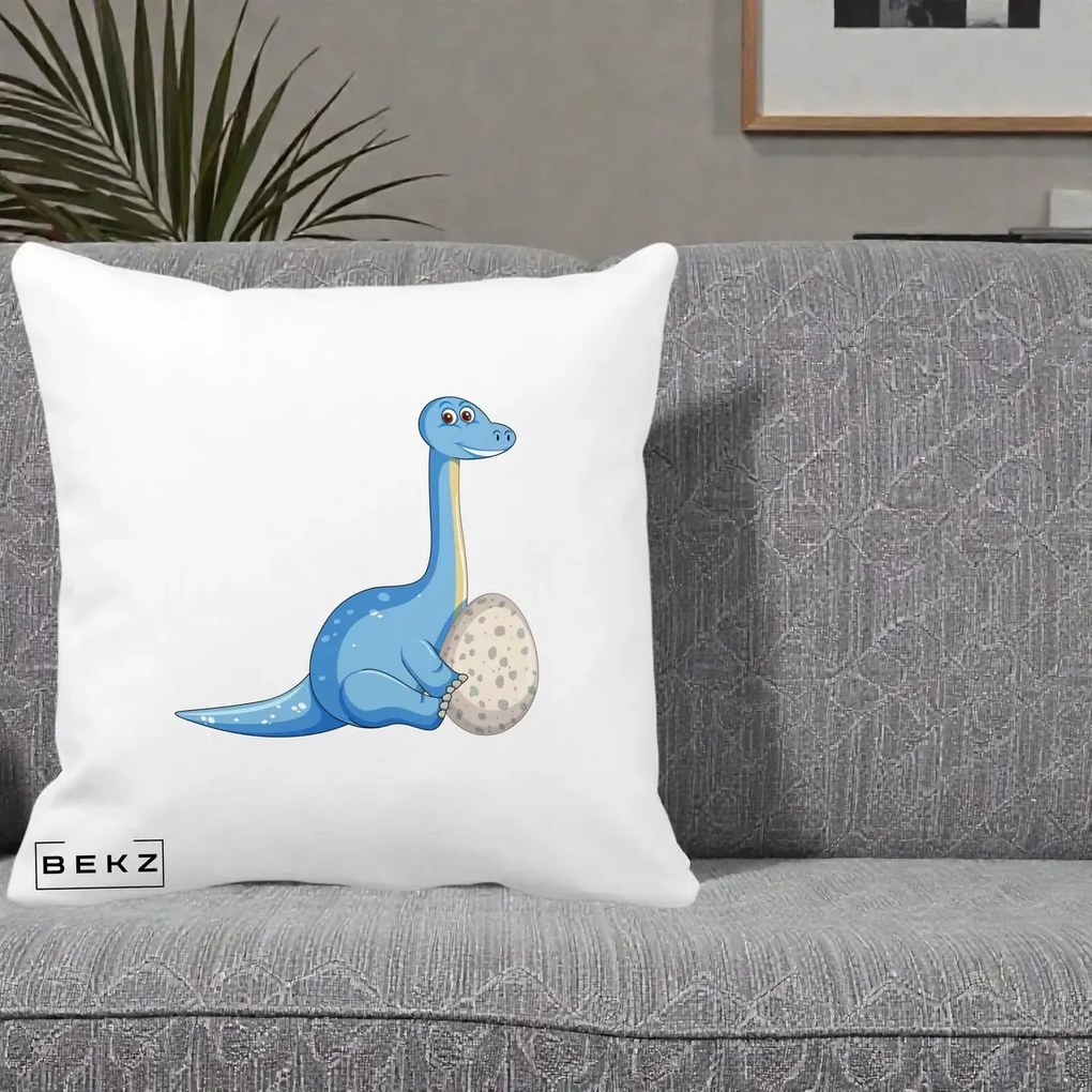 Perna Decorativa Brontosaur cu Ou, 40x40 cm, Alba Mata, Husa Detasabila, Perna Inclusa, BEKZ®