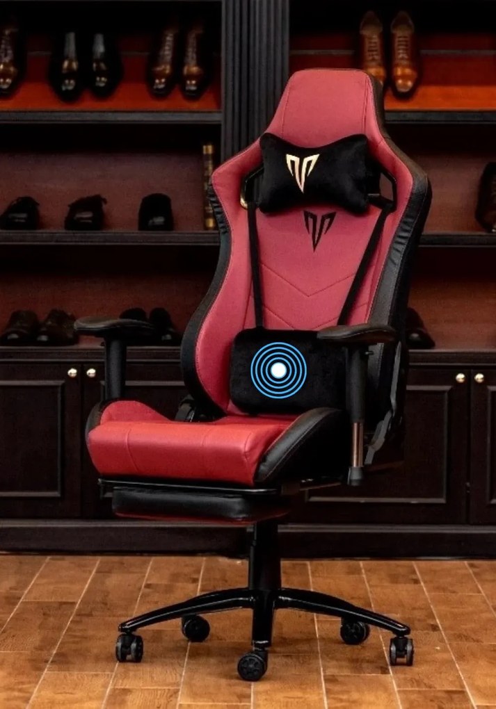 Scaun gaming, ergonomic, masaj pernă lombară, brațe reglabile 3D, piele PU, suport picioare, rezistent 150 KG, Visiniu/Negru