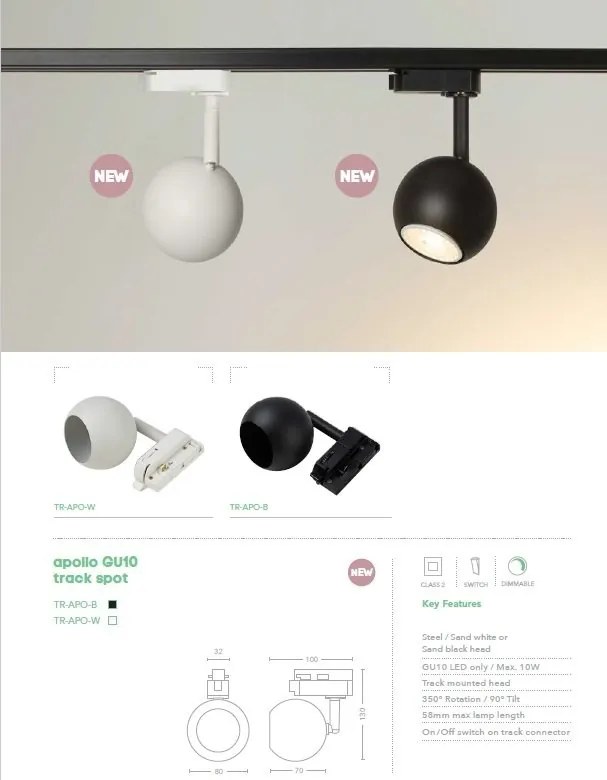 Spot directionabil pentru sina Track Project Collection, Apollo negru