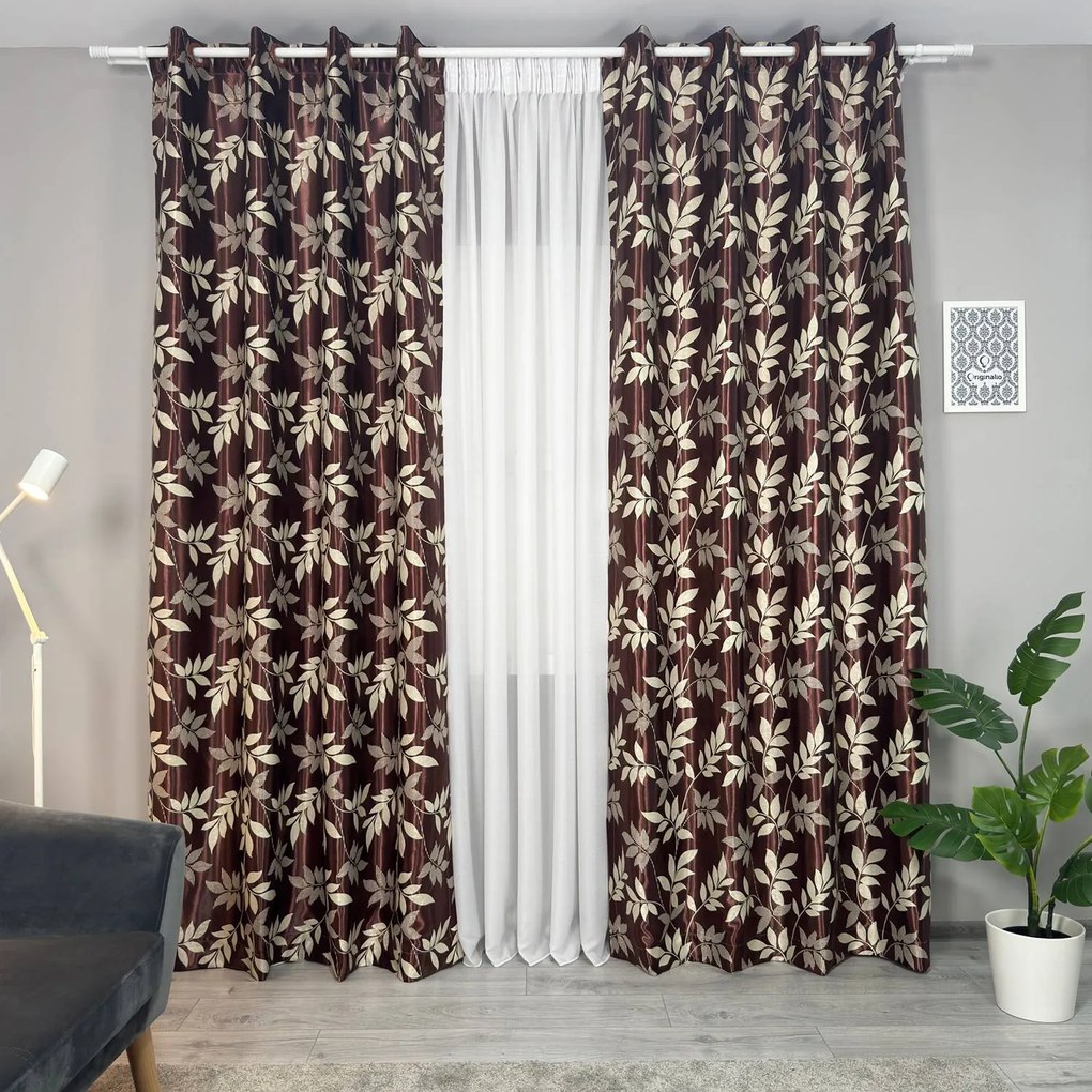 Set două Draperii (Blackout), din Tafta premium + Jacquard (Efect semi-lucios), Gata lucrate (Inele galerie), Culoare Maro + Bej, Dimensiuni draperie 160x260 cm (x2), Brand Originalio