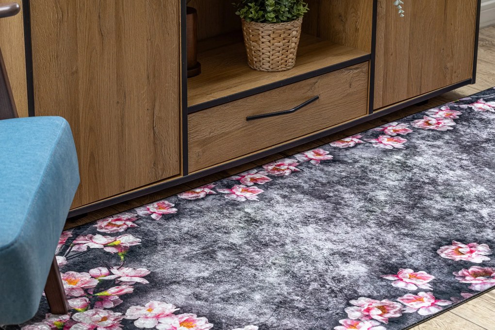 ANDRE 28170 covor lavabil Flori anti-alunecare - gri / roz