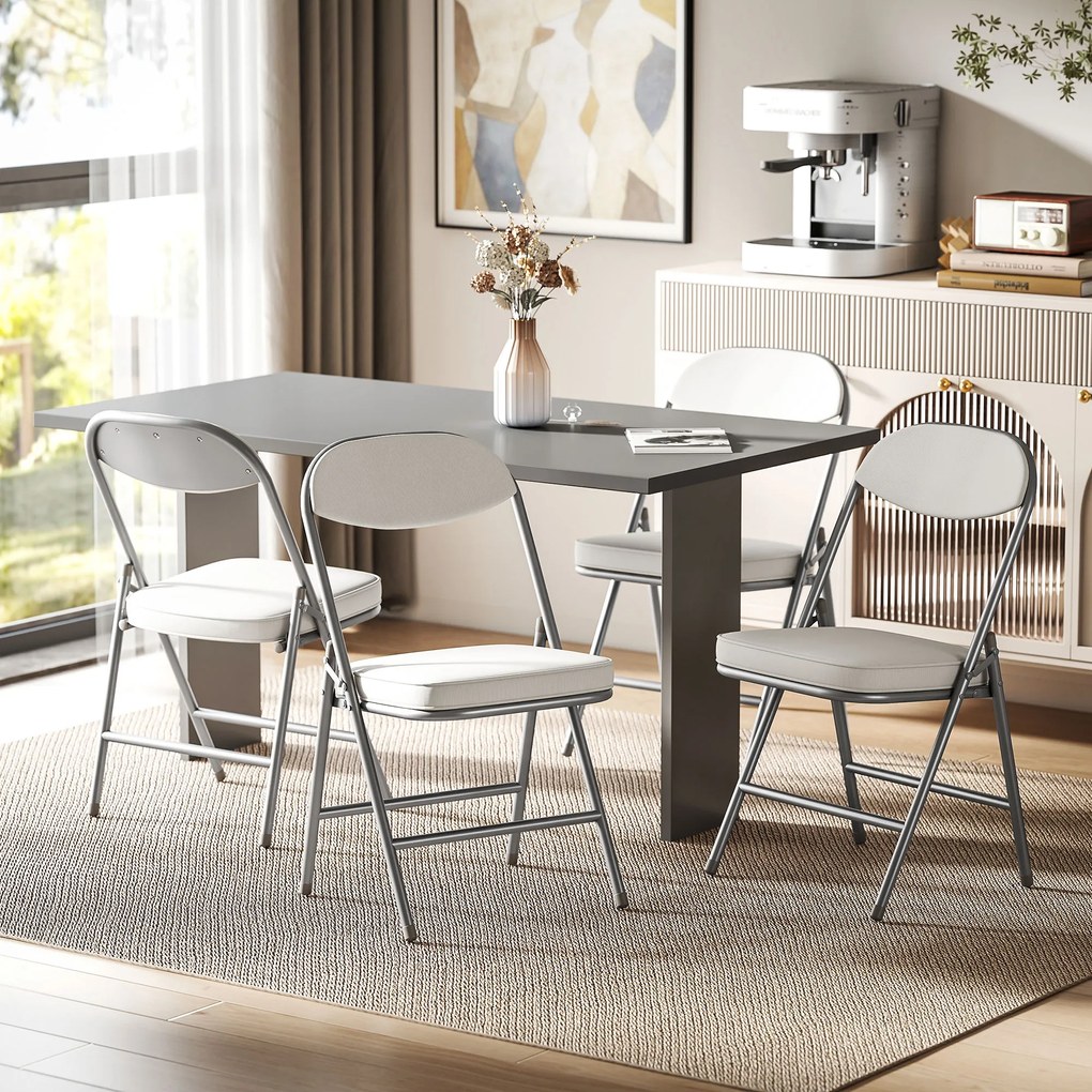 HOMCOM Set de 4 scaune pliante căptușite, Scaune pliante cu material catifea, spătar, cadru metalic, crem | Aosom Romania