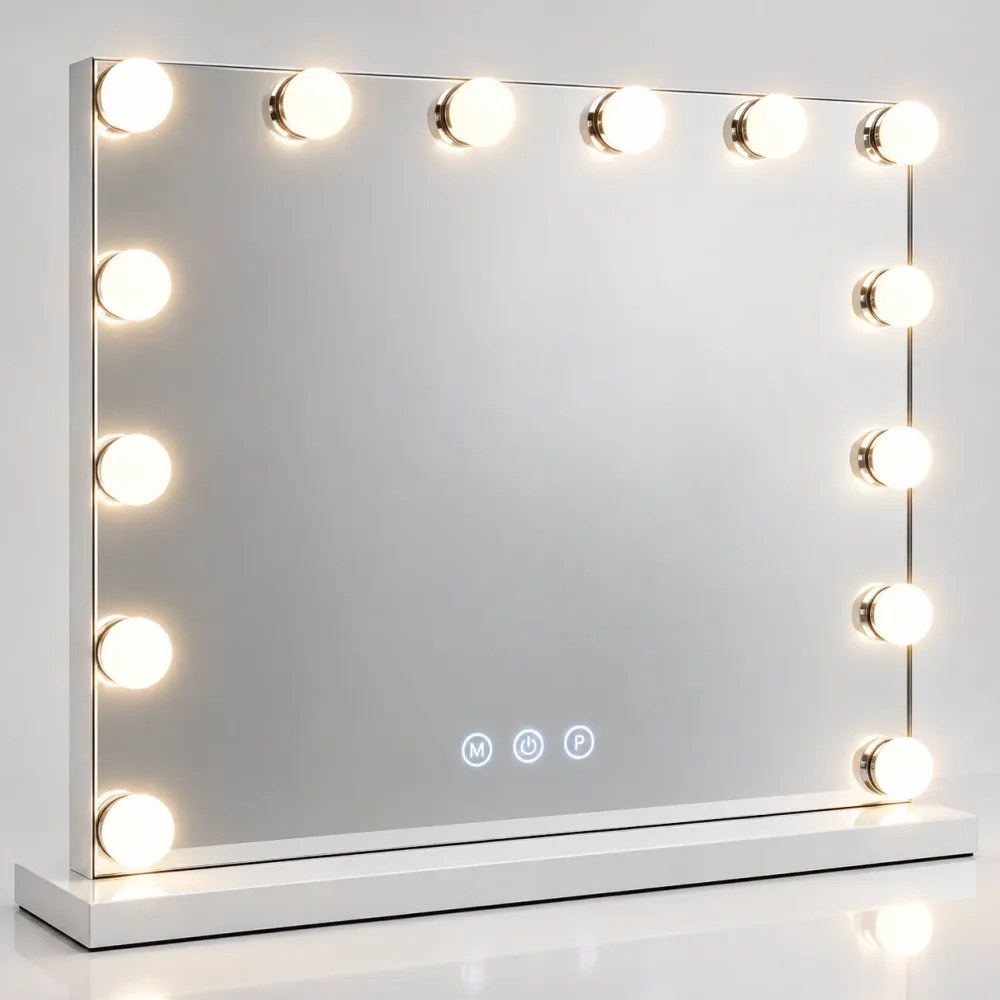 Oglindă cosmetică, 14 becuri LED, sistem iluminare LED cu 3 culori, Luminozitate reglabilă, Senzor Tactil, Port încărcare USB, Oglindă de mărire 10X, Alb, 80x65 cm