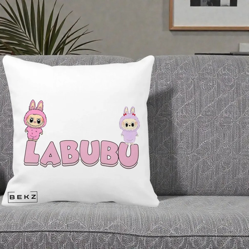Perna Personalizata Labubu Duo Roz-Lila cu Text, 40x40 cm, Alba Mata, Husa Detasabila, Perna Inclusa, BEKZ®